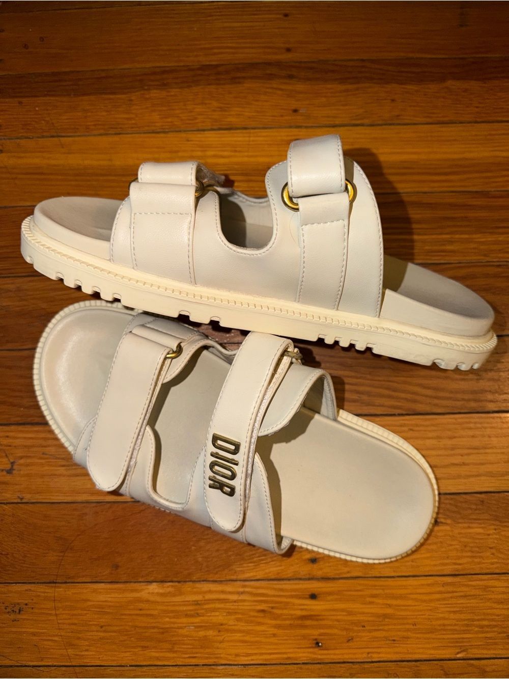 Cream Leather Double-Strap Slides with Gold DIOR Logo, Size 9. (EU 40) - Picture 3 of 8